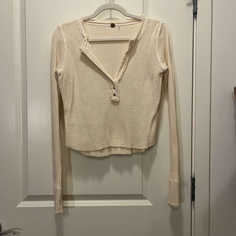 Free People Ivory Textured Long Sleeve Top